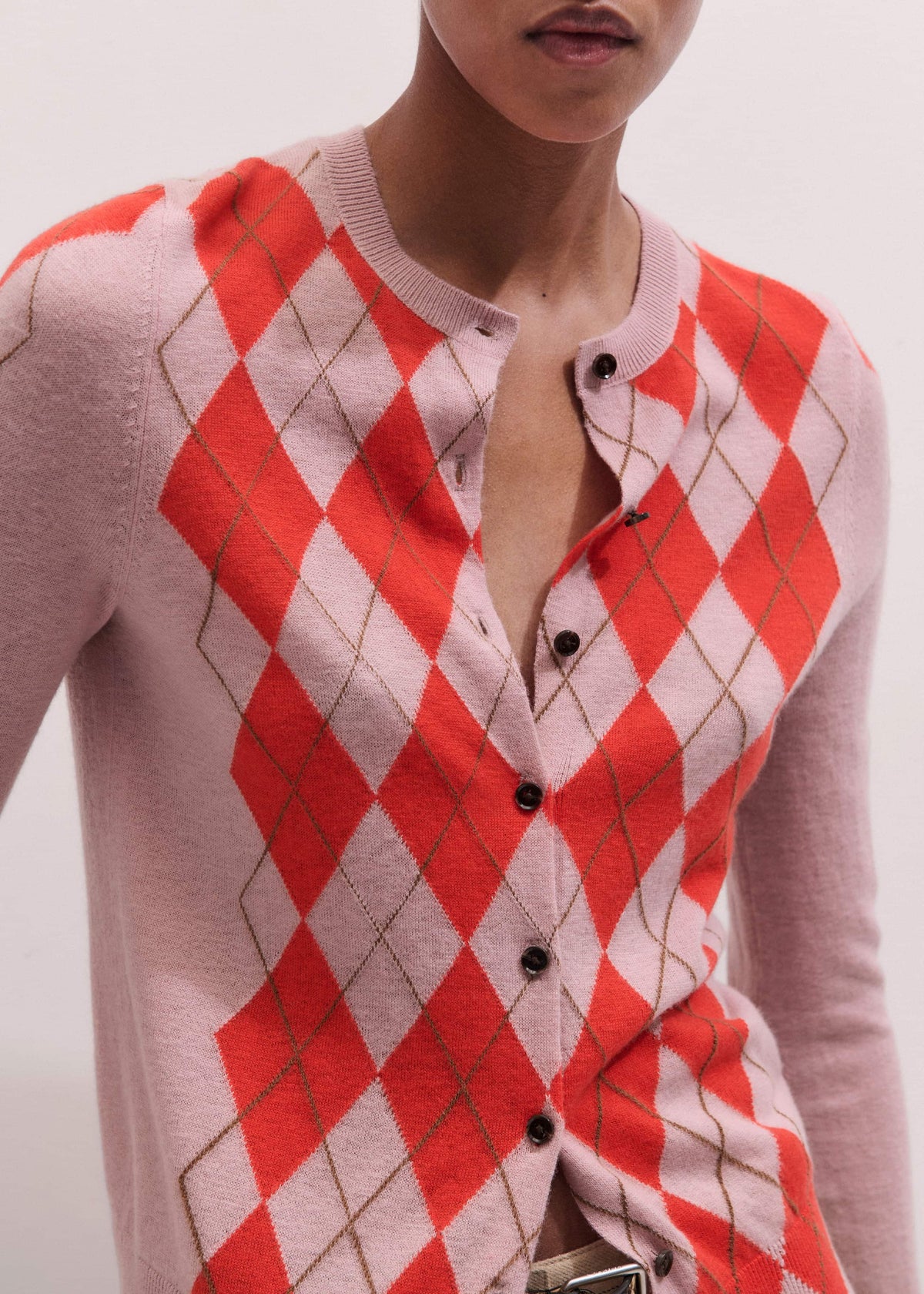 ME+EM Clothing Pink Fine Argyle Slim Knit Cardigan