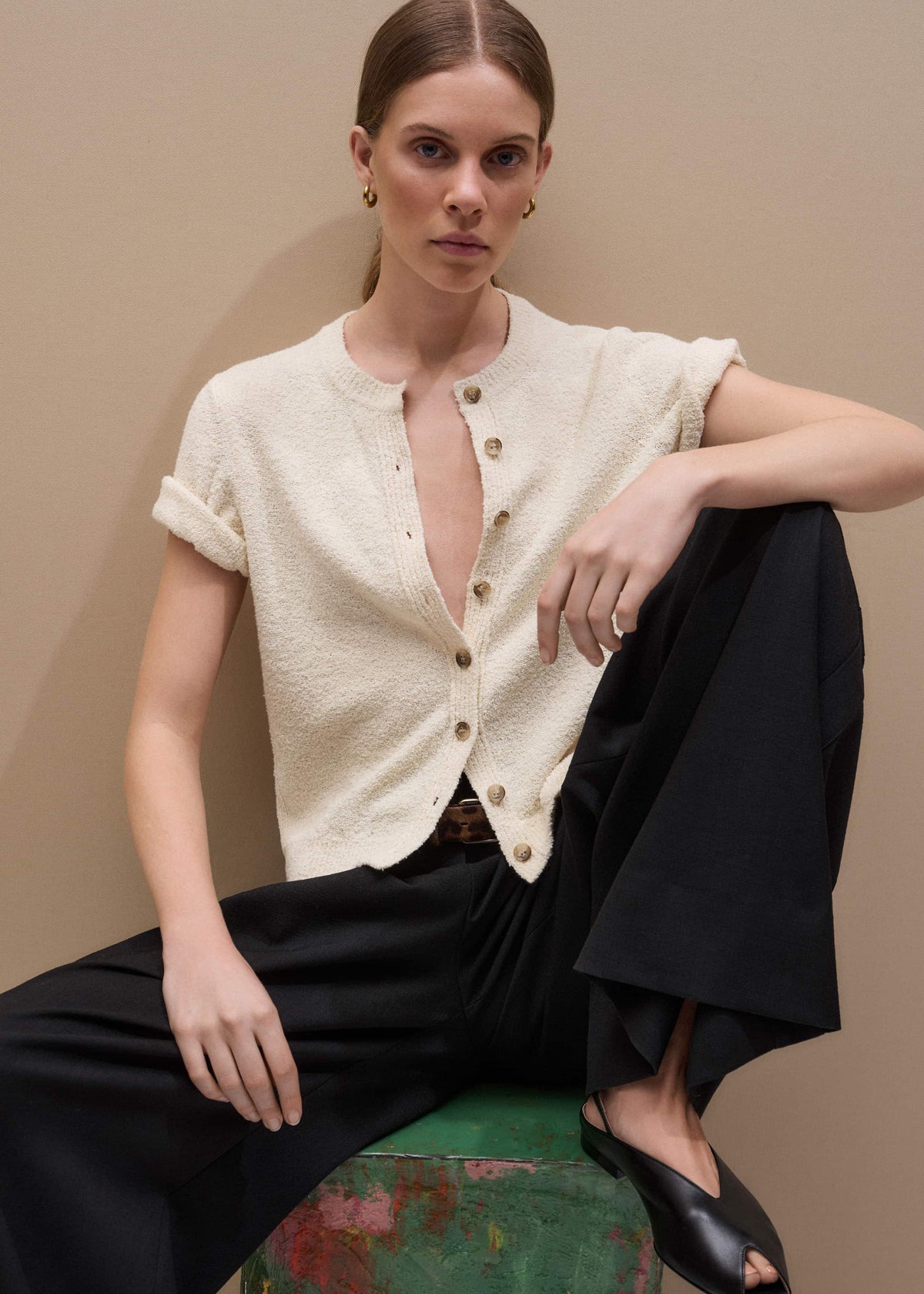 ME+EM Clothing Cream Short Sleeve Cardigan