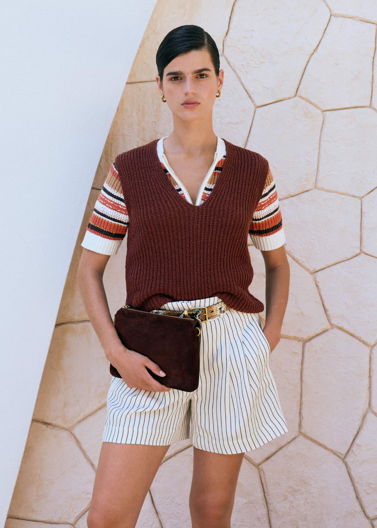 ME+EM Clothing Cinnamon Brown Double Zip Knit Tee