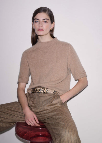 ME+EM Clothing Brown Cashmere Roll Trim Knit Tee