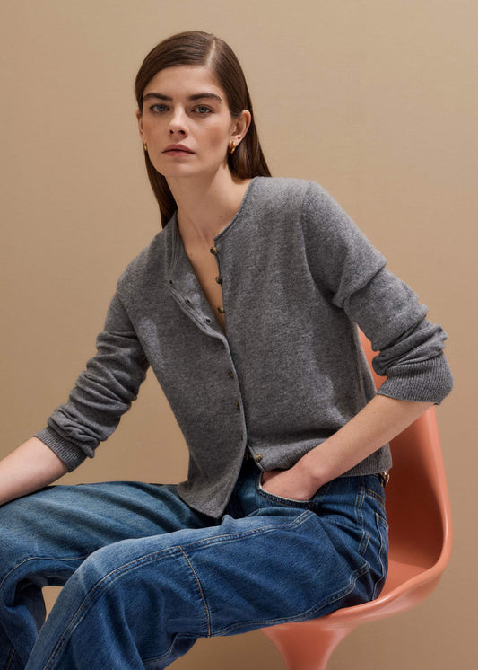 ME+EM Clothing Gray Cashmere Roll Trim Straight Cardigan