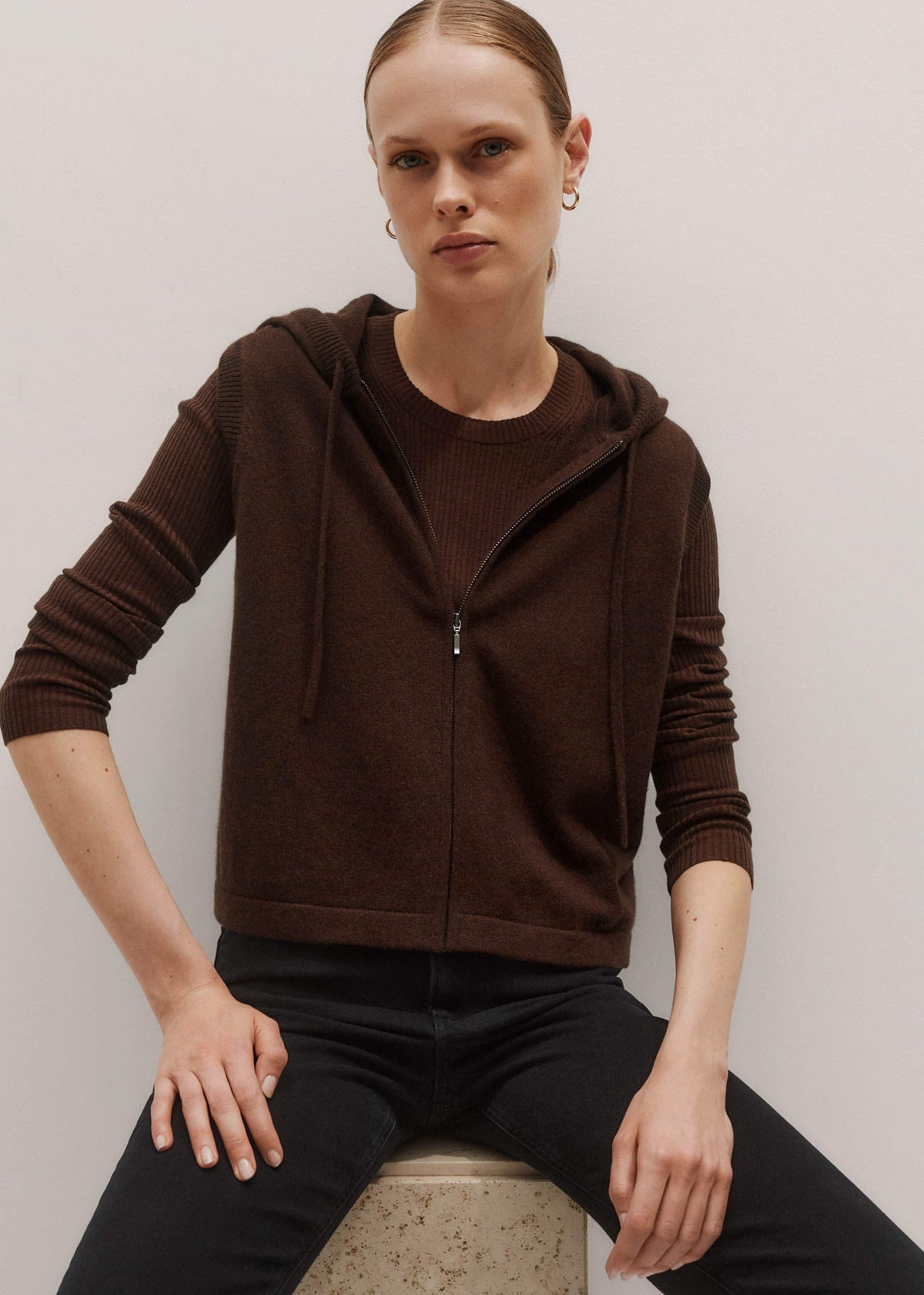 ME+EM Clothing Brown Cashmere Sleeveless Relaxed Zip Hoodie