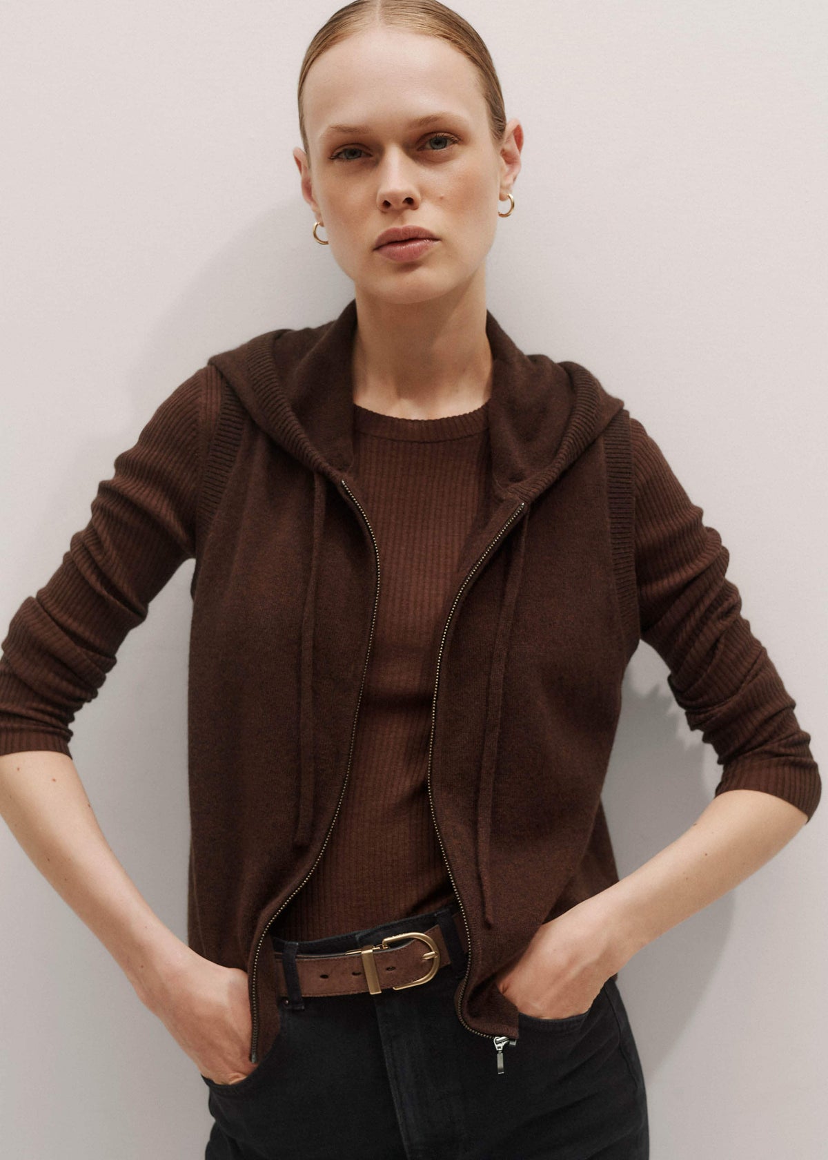 ME+EM Clothing Brown Cashmere Sleeveless Relaxed Zip Hoodie