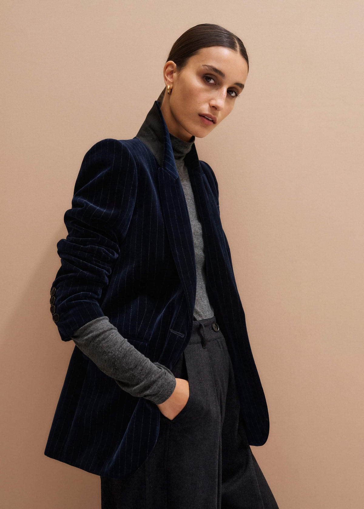 ME+EM Clothing Navy Pinstripe Velvet Sharp Shoulder Blazer