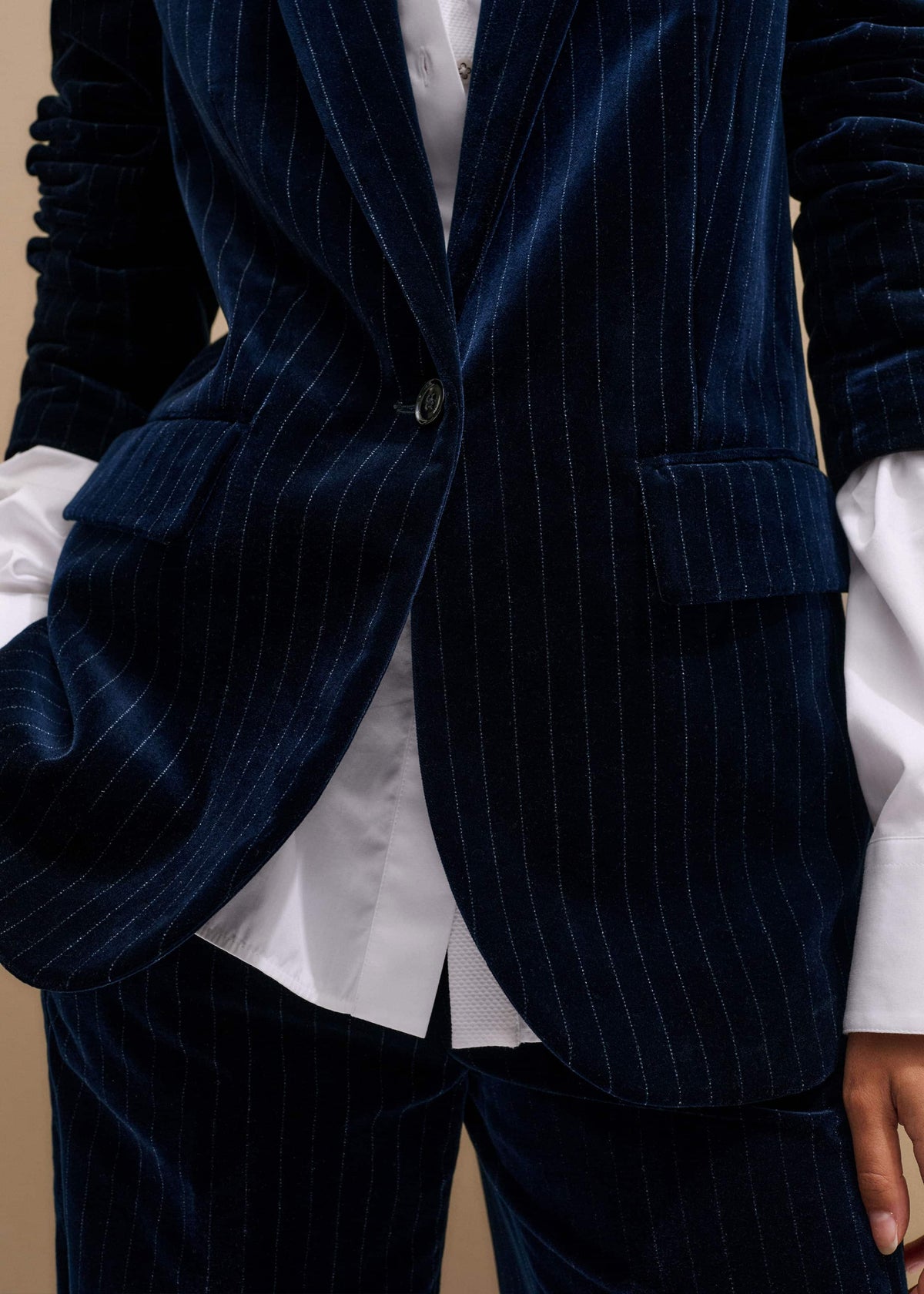 ME+EM Clothing Navy Pinstripe Velvet Sharp Shoulder Blazer