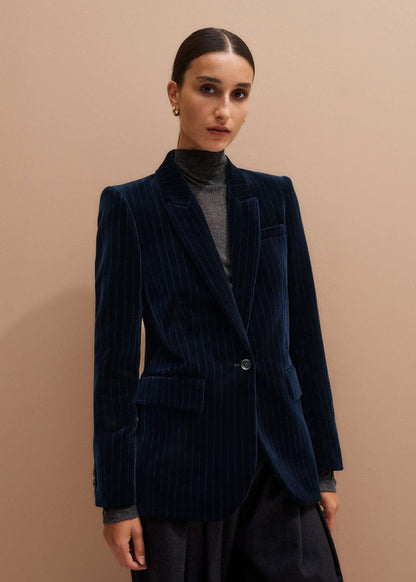 ME+EM Clothing Navy Pinstripe Velvet Sharp Shoulder Blazer