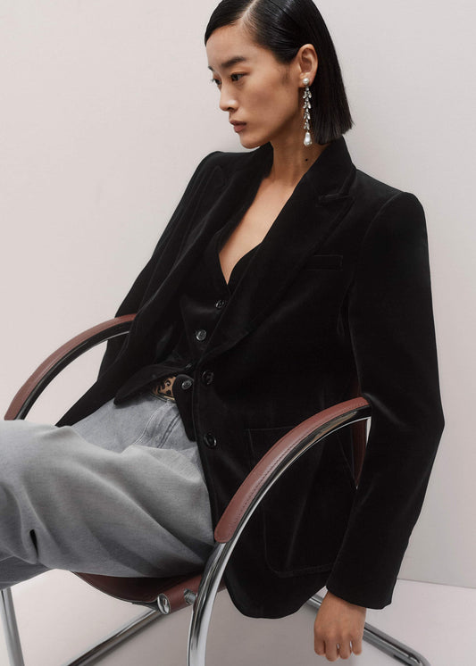 ME+EM Clothing Black Stretch Velvet Sharp Shoulder Blazer