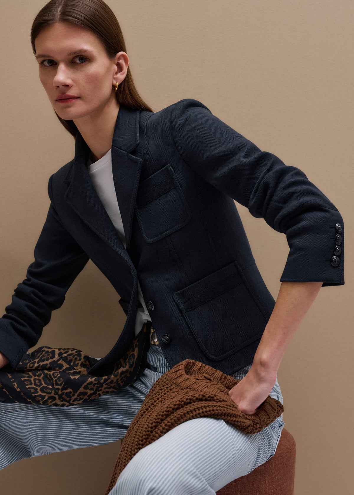 ME+EM Clothing Navy Herringbone Fitted Crop Jacket