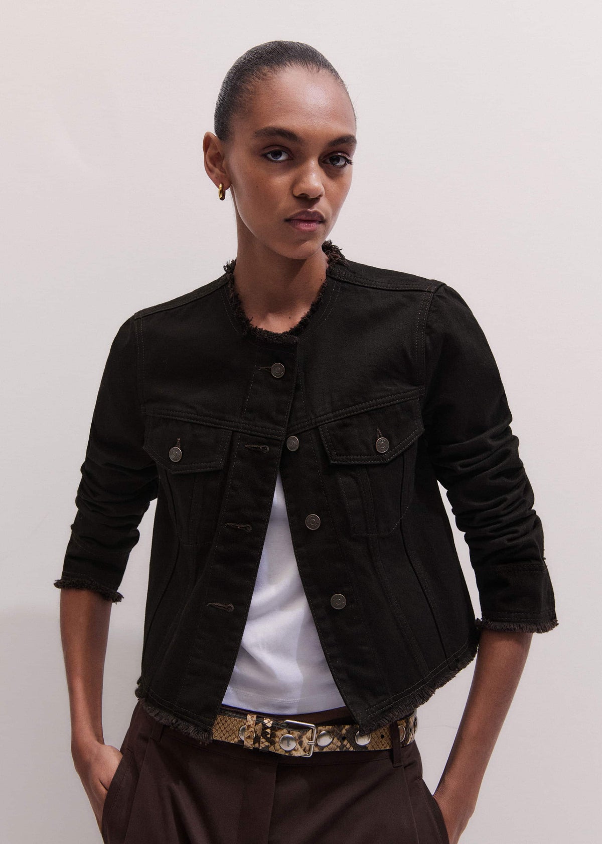 ME+EM Clothing Black Collarless Fray Jacket