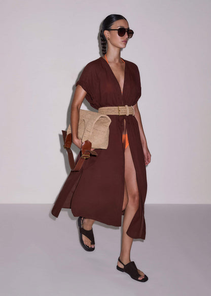 ME+EM Clothing Cinnamon Brown Tie Front Maxi Cover Up