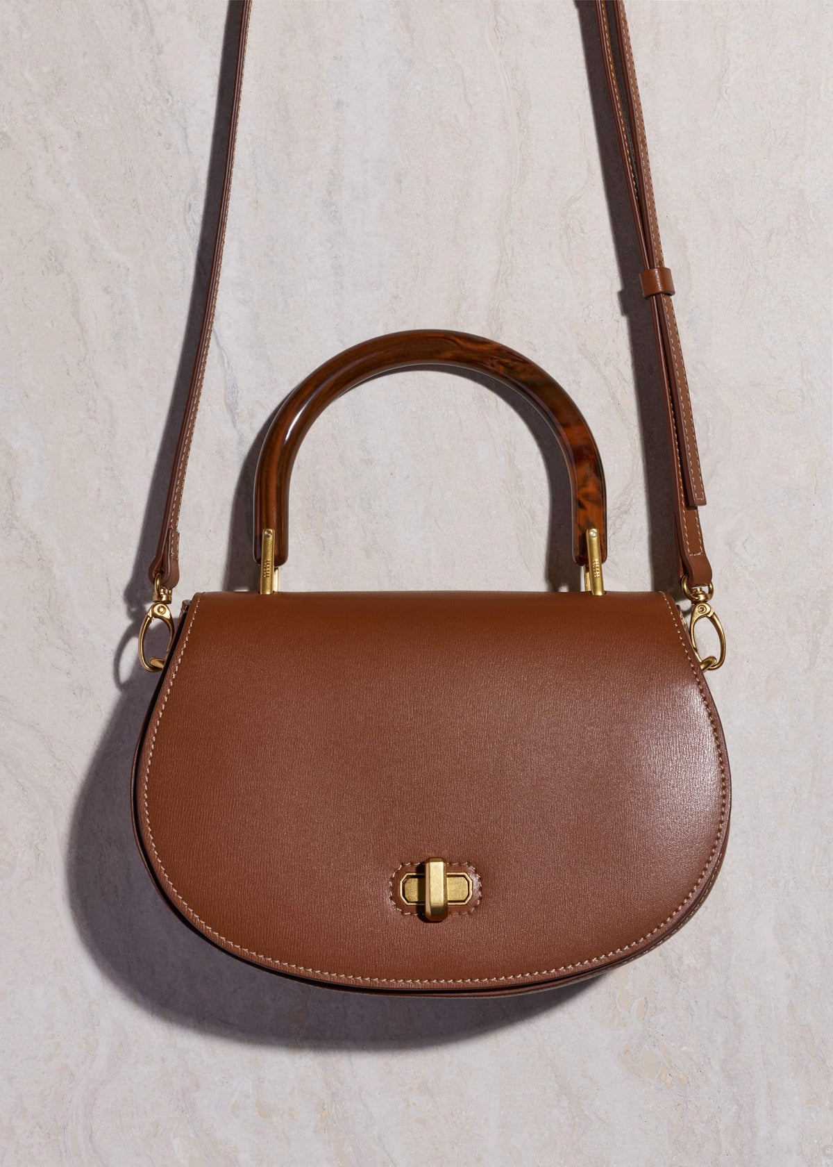 ME+EM Clothing Dark Tan Resin Top Handle Structured Saddle Bag