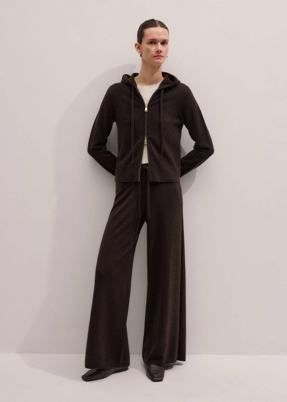 ME+EM Clothing Brown Cashmere Straight Hoodie + Wide-Leg Pant Knitted Co-ord