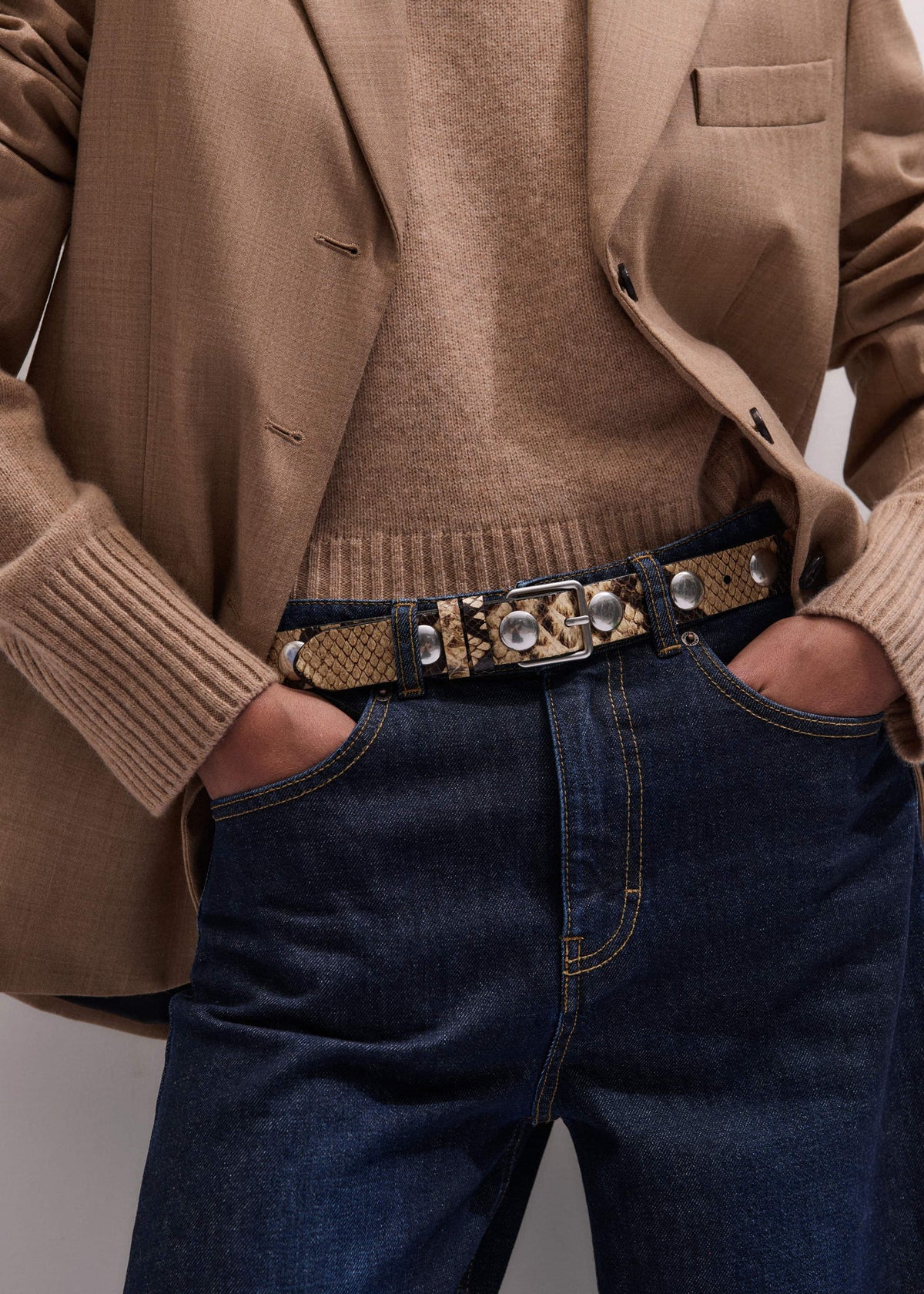 ME+EM Accessories Brown Snake Embossed Metal Stud Belt