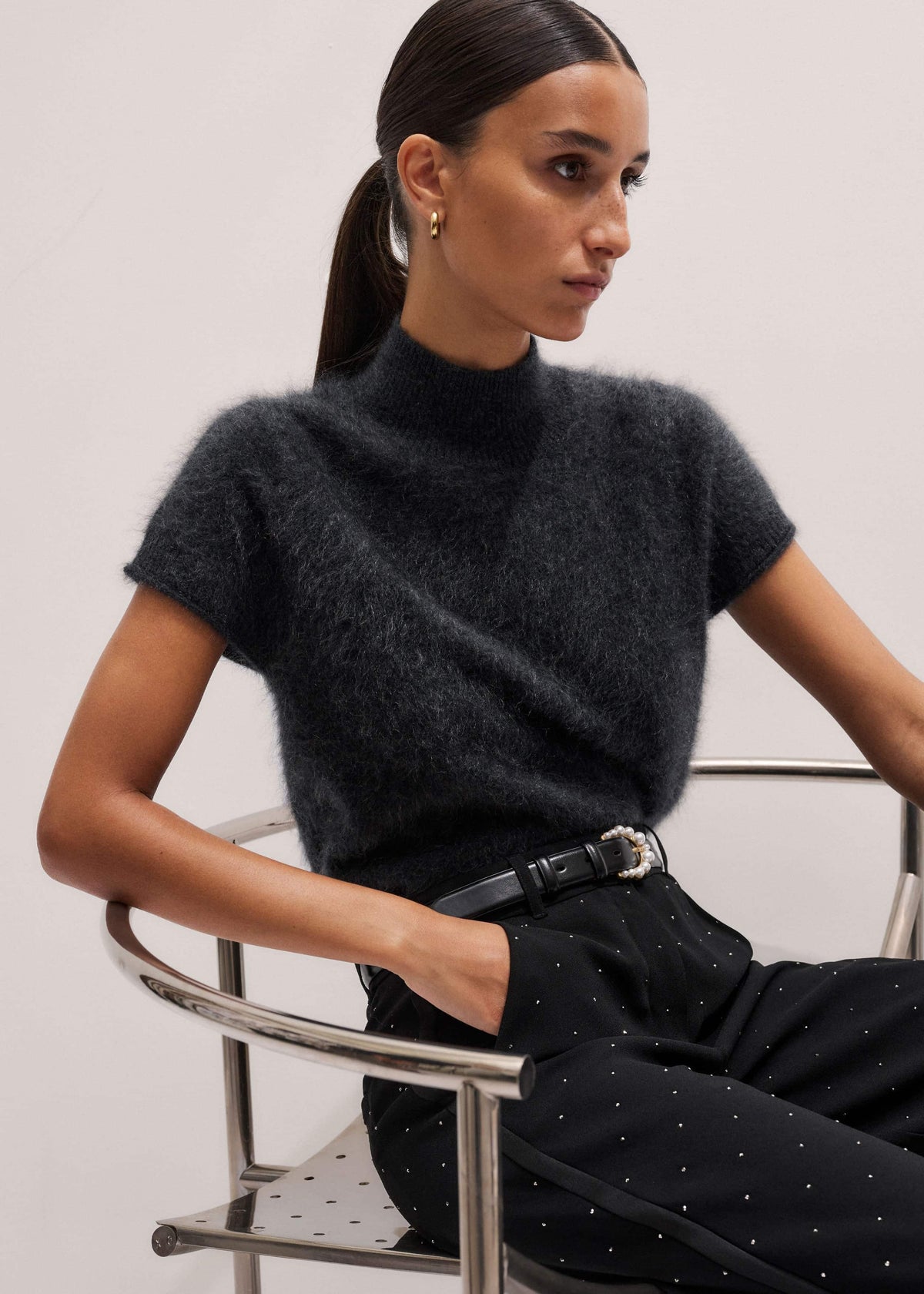 ME+EM Accessories Black Faux Pearl Buckle Belt